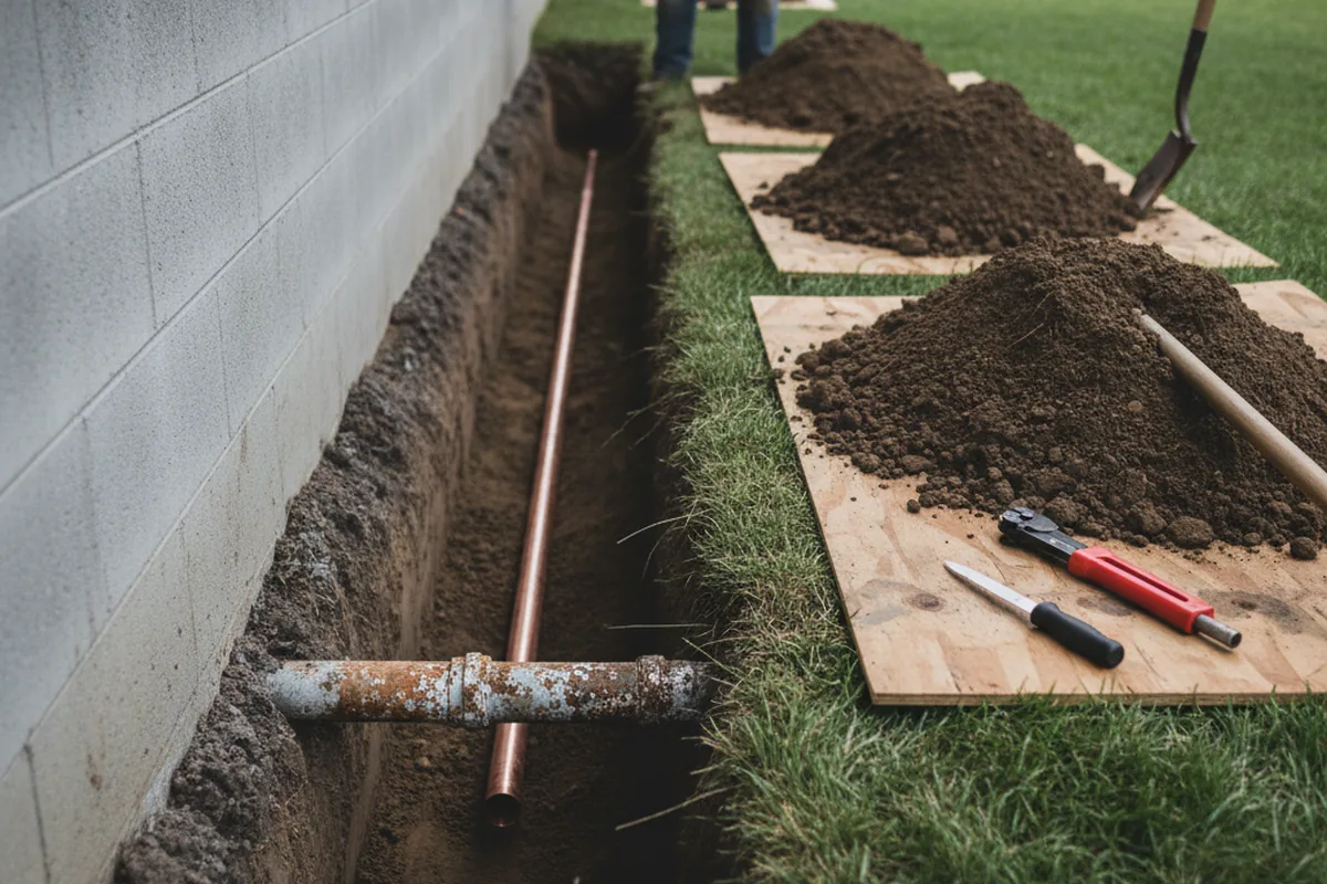 Excavated water line trench during Water Softener Installation in Caledonia